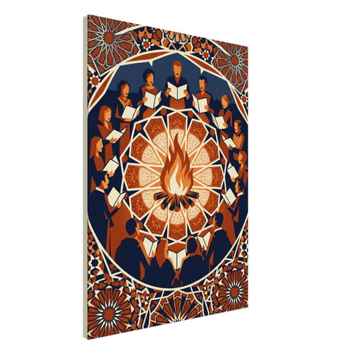 Singers holding open songbooks circle a bonfire, surrounded by ornate geometric patterns in navy, orange and cream.