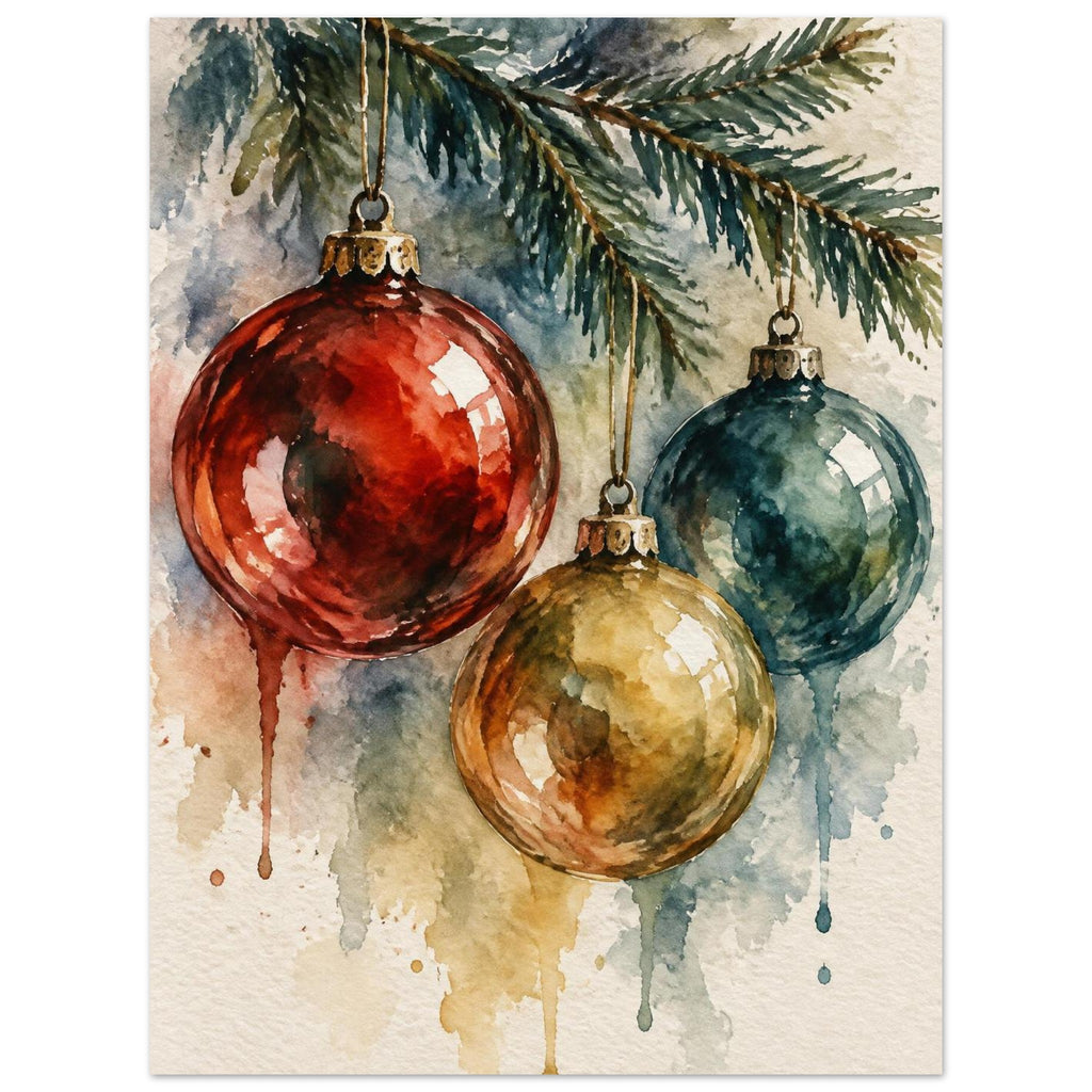 Watercolour painting of three vintage glass Christmas baubles hanging from a spruce twig