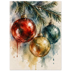 Watercolour painting of three vintage glass Christmas baubles hanging from a spruce twig
