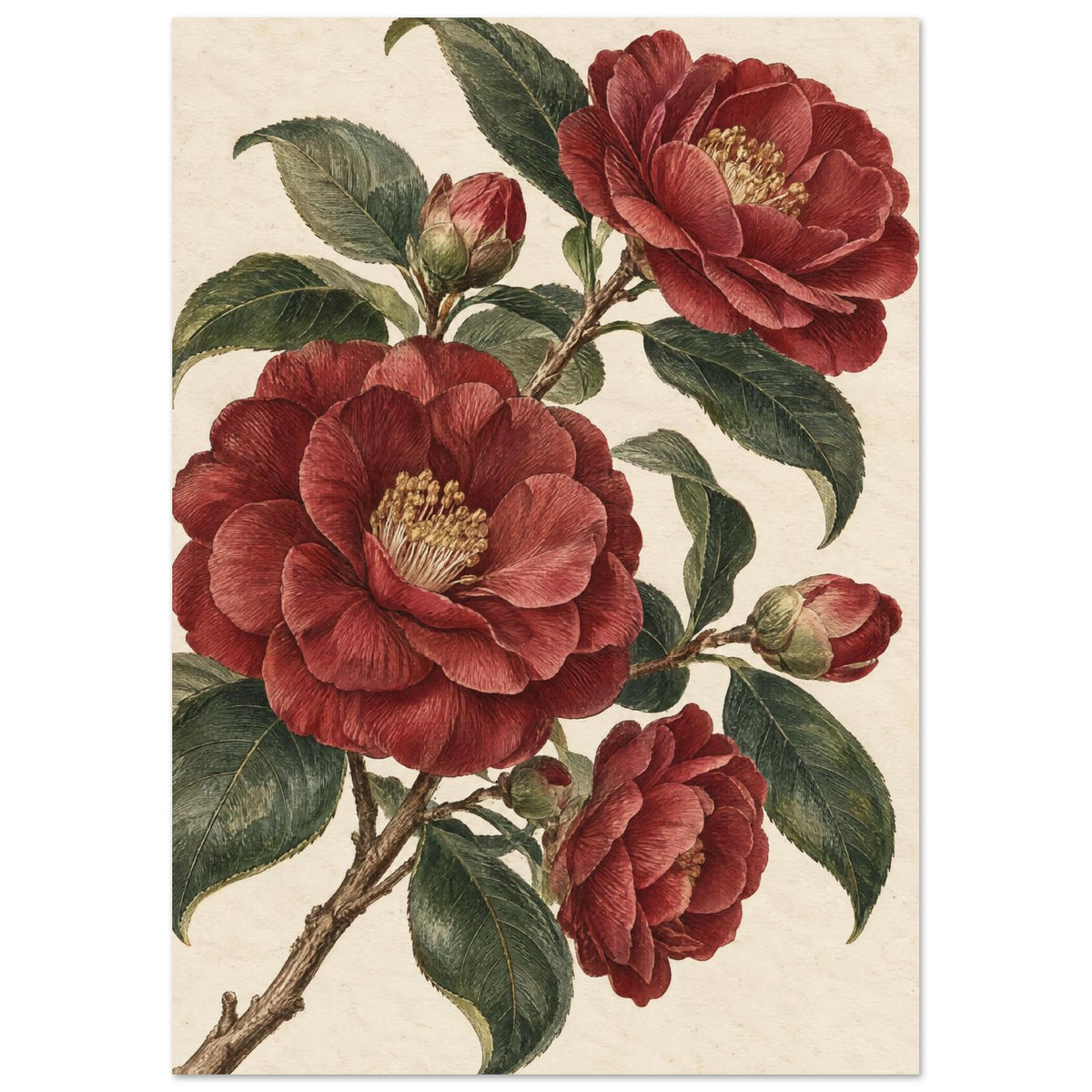Red Camellia Botanical – botanical illustration wall art print by Printavelle – close-up