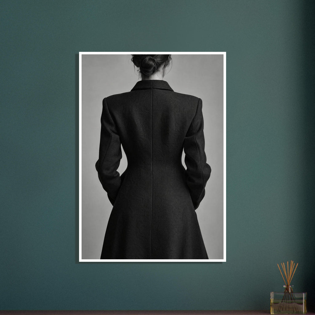 Woman seen from behind with her hair in a bun, wearing a fitted dark coat against a grey background in black and white.