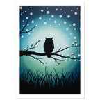 Black owl silhouette perched on a flowering branch against a teal and blue background, with black grasses below.