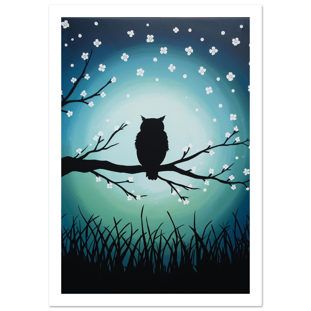 Black owl silhouette perched on a flowering branch against a teal and blue background, with black grasses below.
