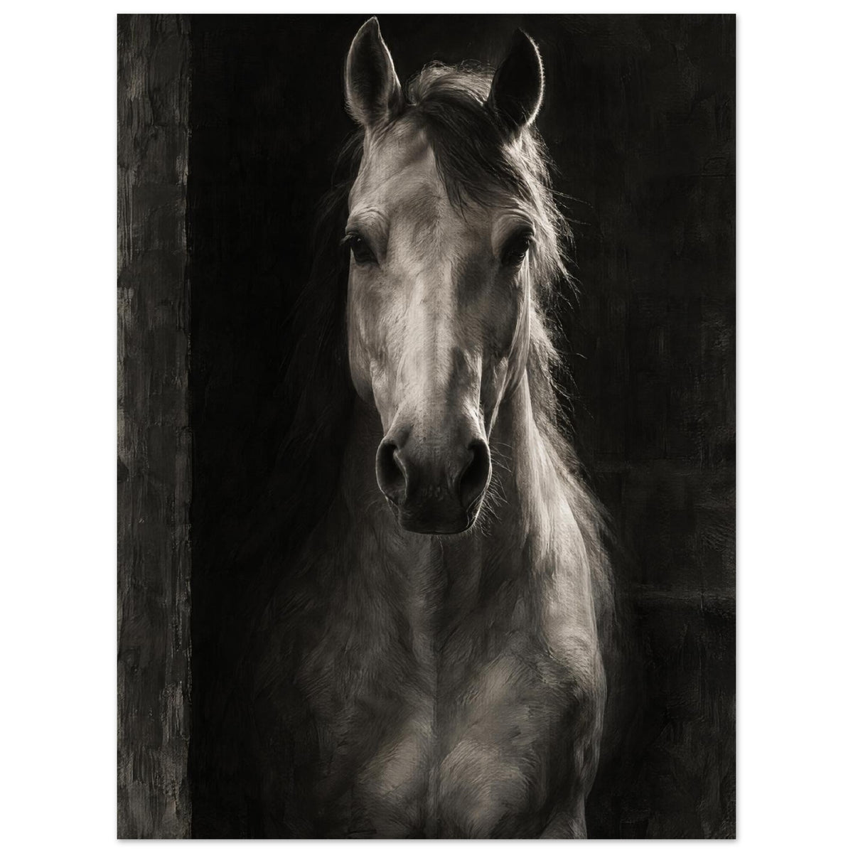 Horse in Half-Light, a frontal horse portrait emerging from a dark doorway with light tracing one ear and its mane.