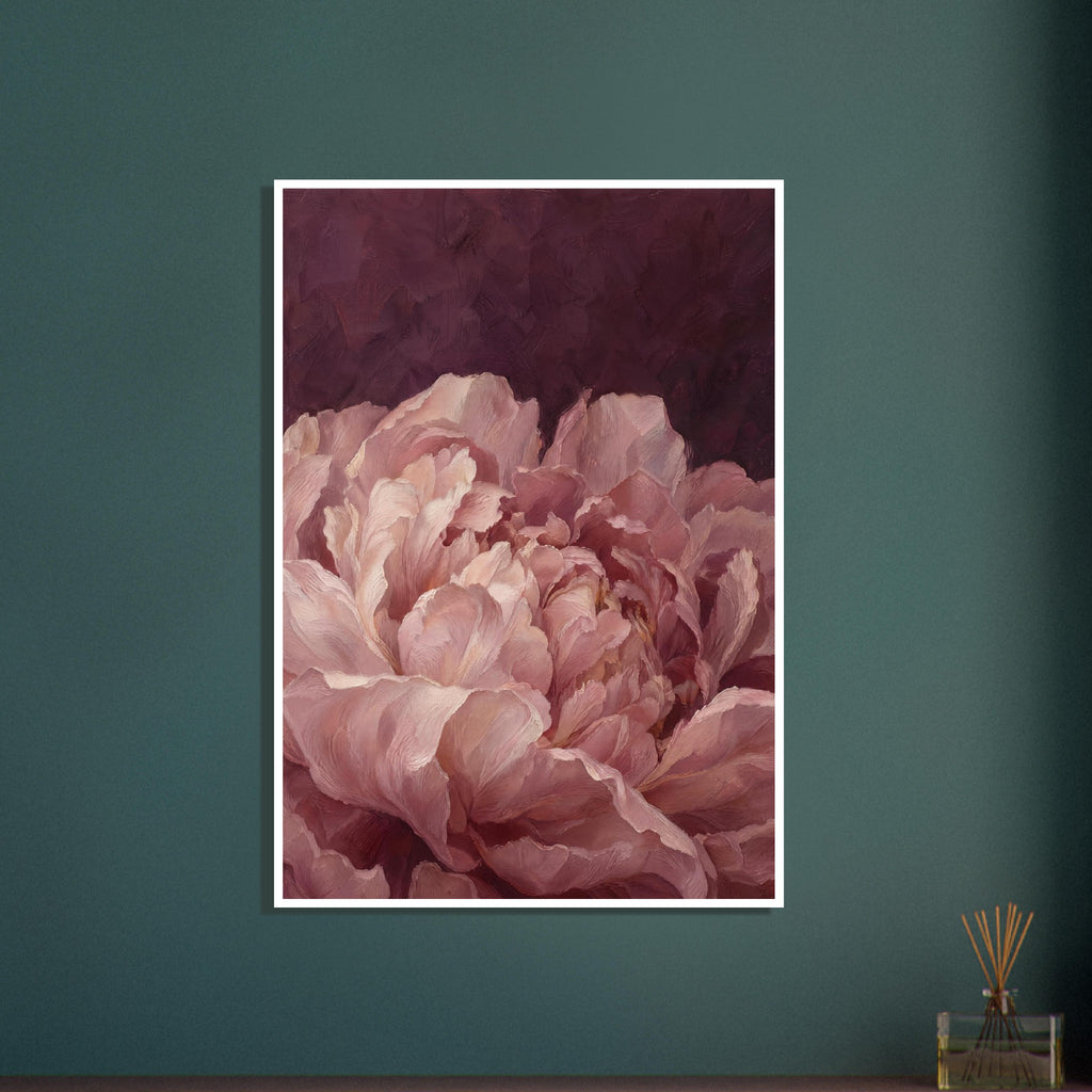Blush pink peony with layered, curling petals and visible painterly brushwork against a deep burgundy background.