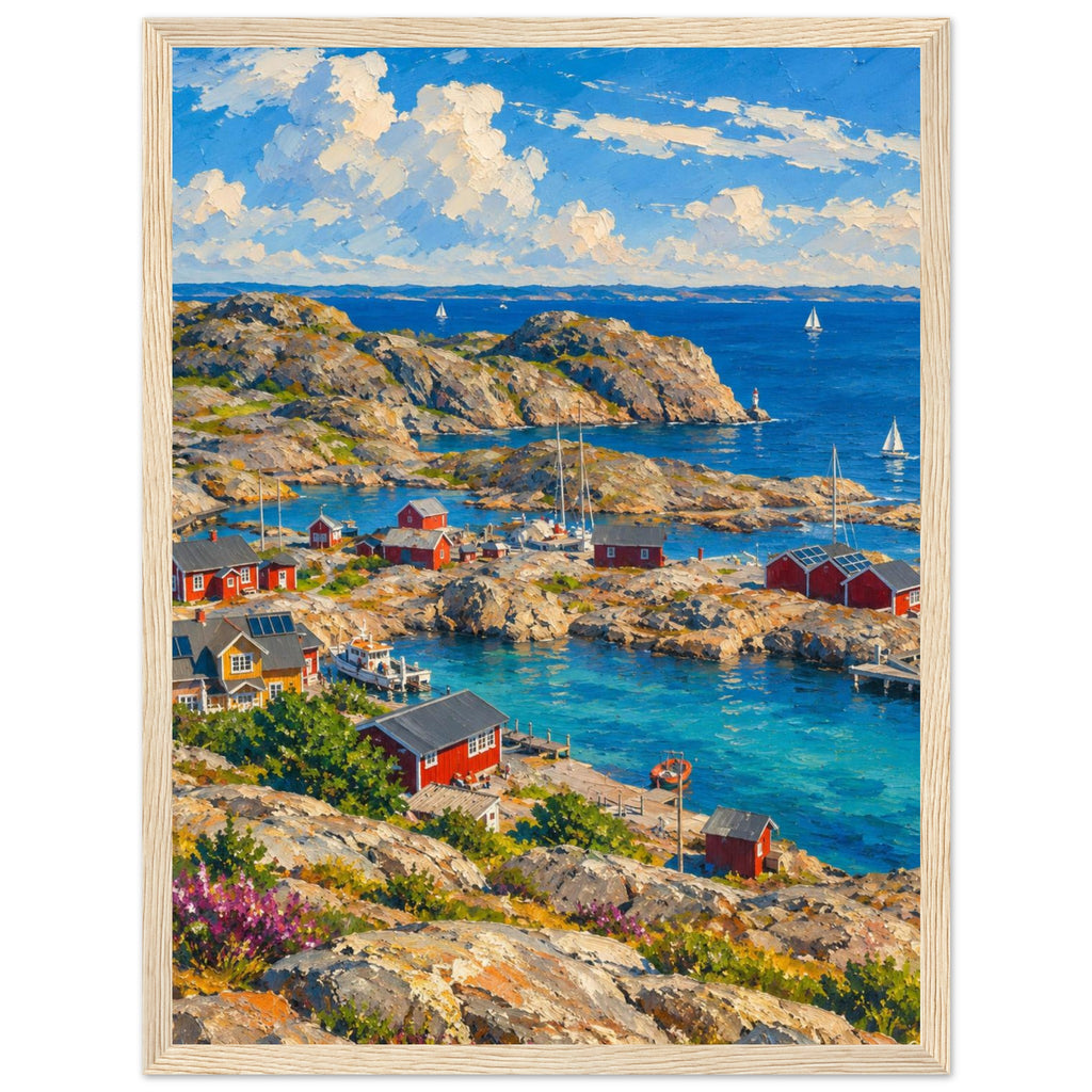 Rocky harbour with red cabins, wooden jetties and sailboats on blue water beneath cream clouds, with flowers in front.