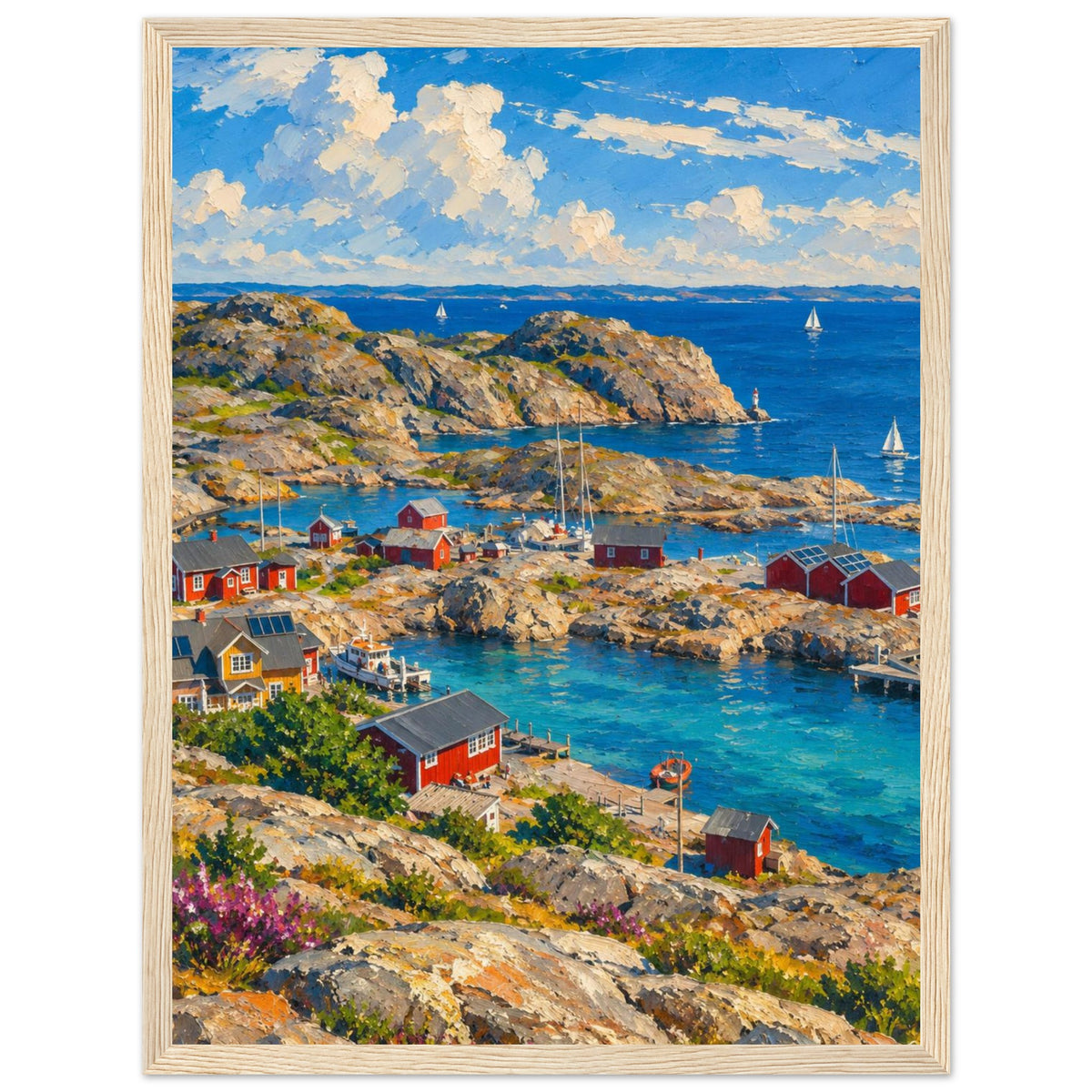 Rocky harbour with red cabins, wooden jetties and sailboats on blue water beneath cream clouds, with flowers in front.