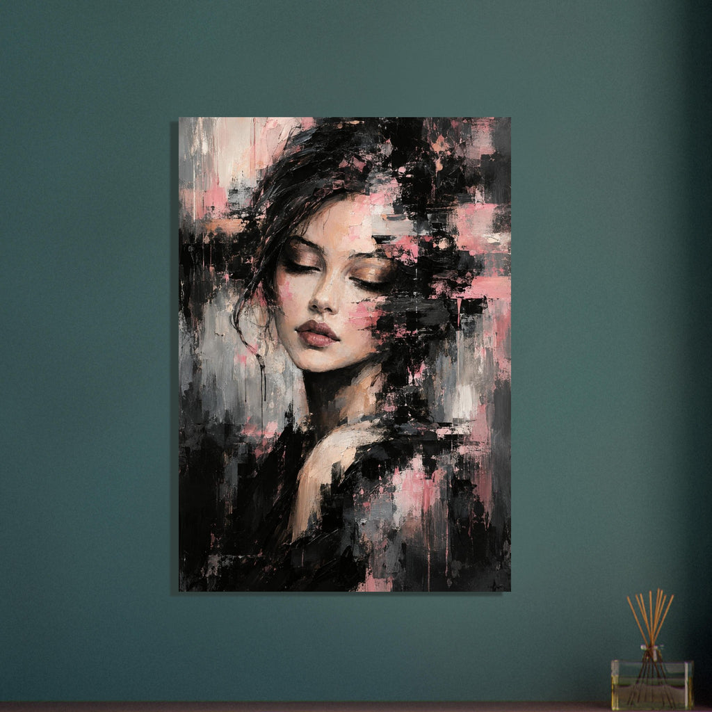 Woman with closed eyes and dark hair amid layered pink, black and grey brushstrokes and paint drips.