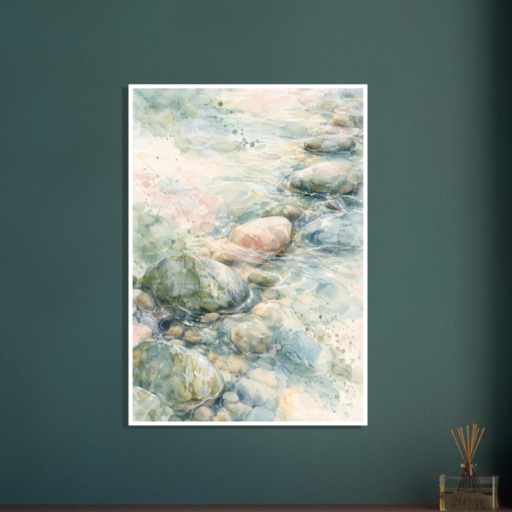 Watercolour of rounded pebbles in shallow flowing water, with soft blue, green and cream washes and fine white ripples.