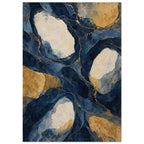 Abstract flowing navy and blue shapes surrounding cream and ochre patches, crossed by fine gold-toned lines.