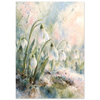 White snowdrops on curved green stems against loose watercolour washes of pale blue, pink and cream.