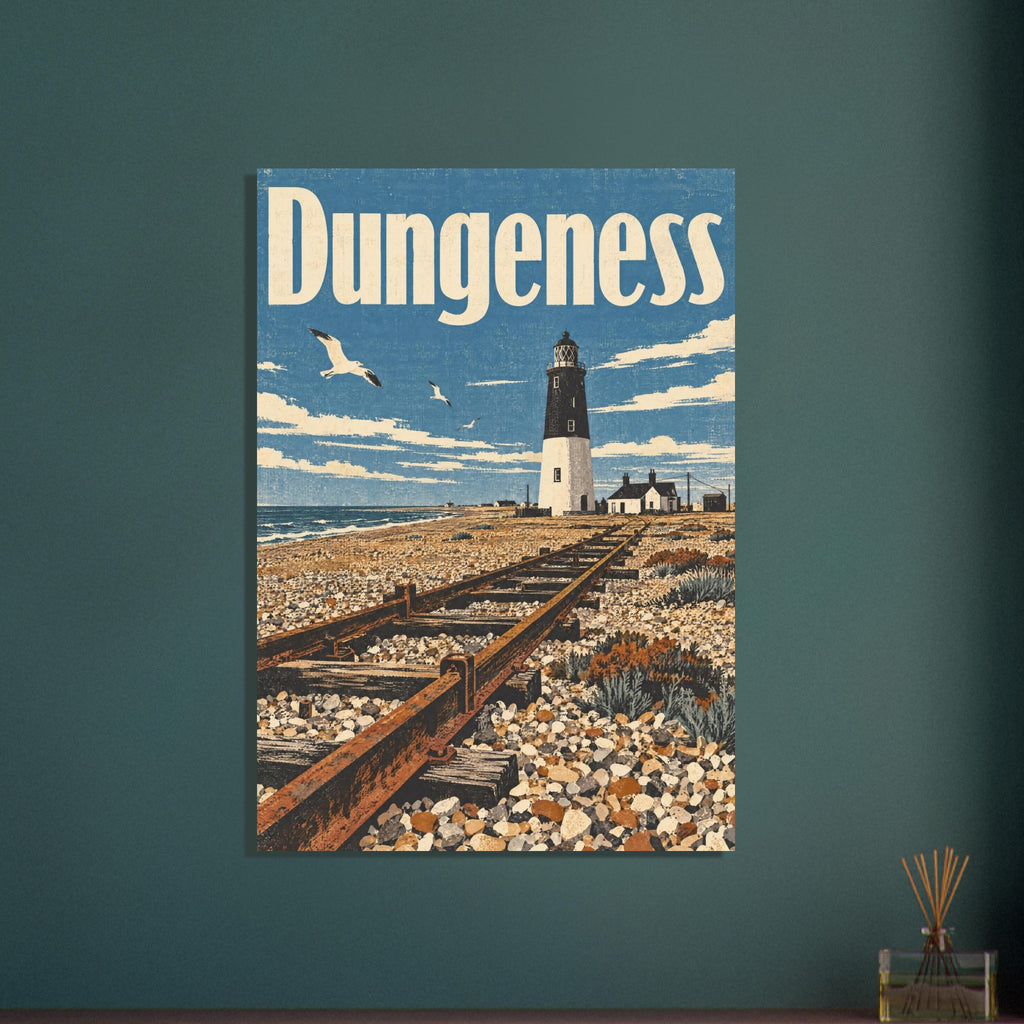 Dungeness lighthouse beside the sea, with railway tracks across shingle, flying gulls and large cream lettering above.