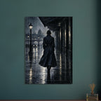 Raincoat at Midnight, a rear-view figure in a long raincoat under an awning, outlined above wet pavement in navy and charcoal