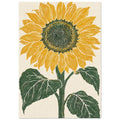 Yellow sunflower with a dark seed centre, green stem and three large leaves on a textured cream background.