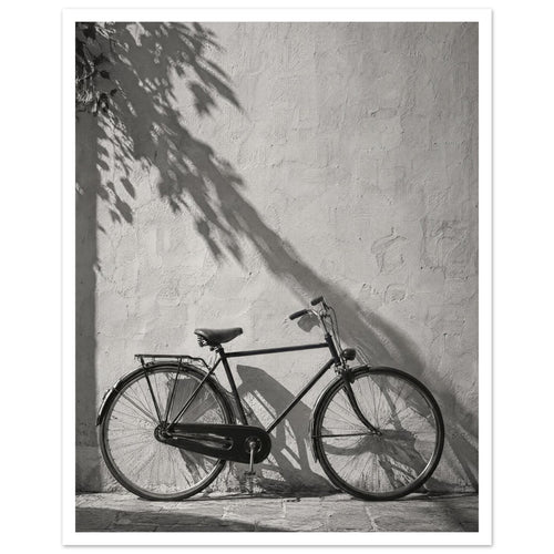 Bicycle leaning against a textured wall with long leafy shadows above and stone paving below, in black and white.