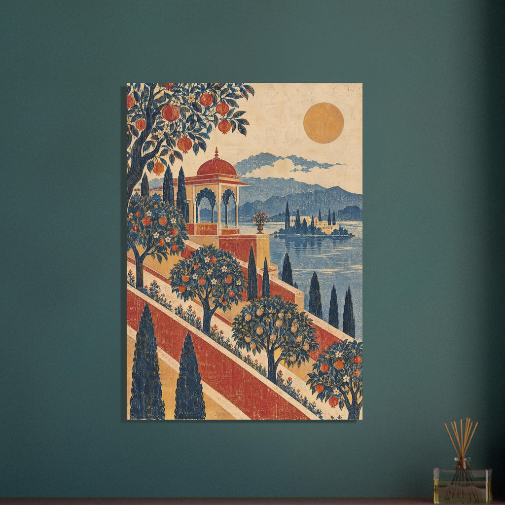 Terraced fruit gardens and a red-domed pavilion beside blue water, with cypress trees, distant mountains and a golden sun.