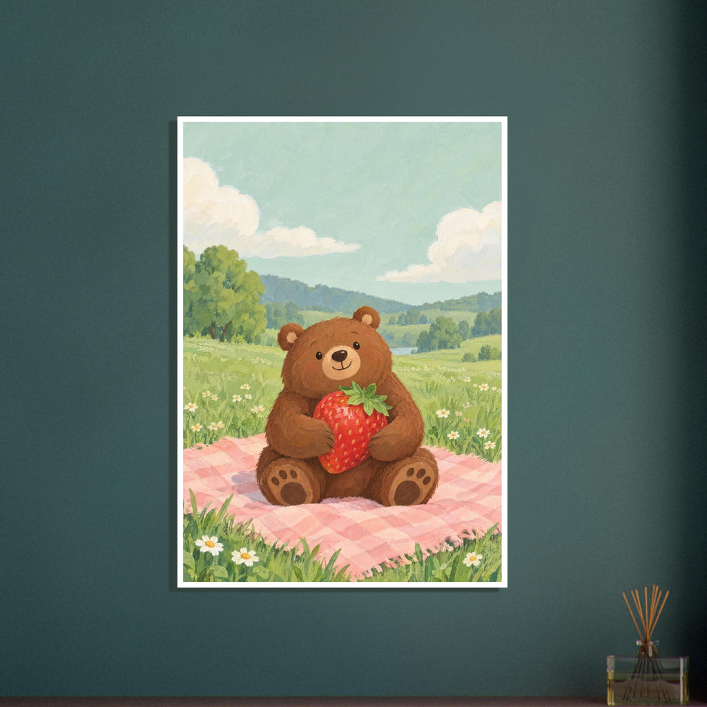 Brown bear holding a large strawberry on a pink checked picnic blanket in a green meadow with daisies and cream clouds.