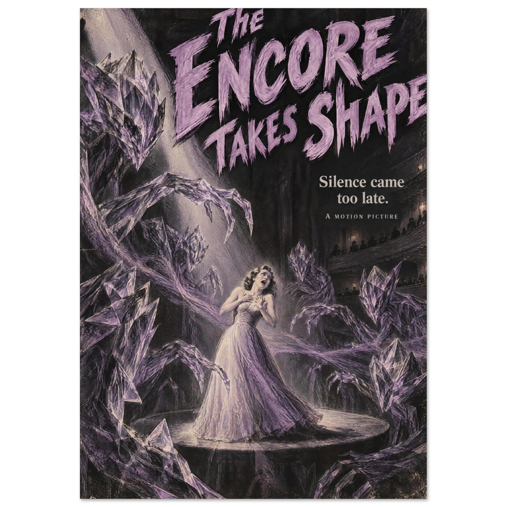 Purple crystal creatures surround a woman in a gown on stage beneath lettering reading ‘The Encore Takes Shape’.