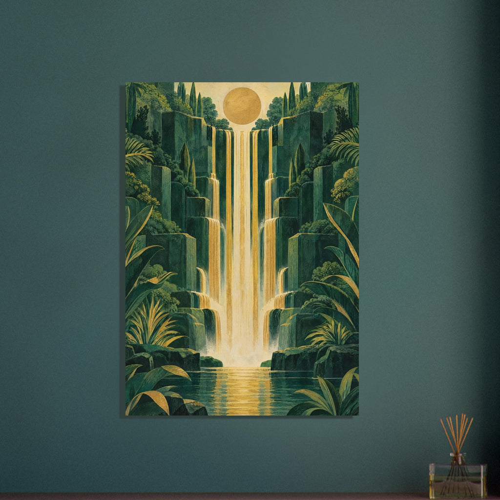 Golden waterfalls cascade down stepped green cliffs amid dense foliage, beneath a round sun and into a reflective pool.