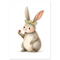 Beige bunny wearing a white and yellow flower crown, holding a red ladybird on its raised paw against a white background.