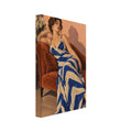 Woman in a blue and cream striped dress reclining on a rust chaise longue against a peach wall beside a lit mirror.
