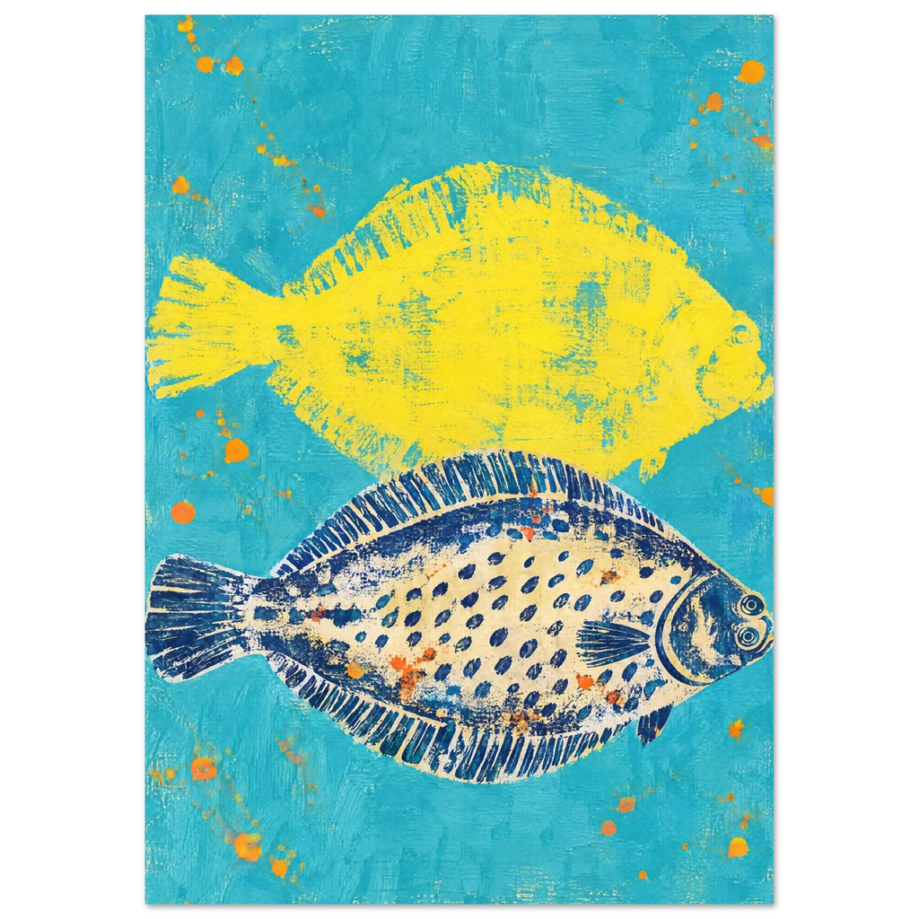 Two flat fish, one yellow and one cream with navy spots, on a textured turquoise background with orange splashes.
