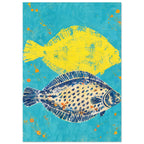 Two flat fish, one yellow and one cream with navy spots, on a textured turquoise background with orange splashes.