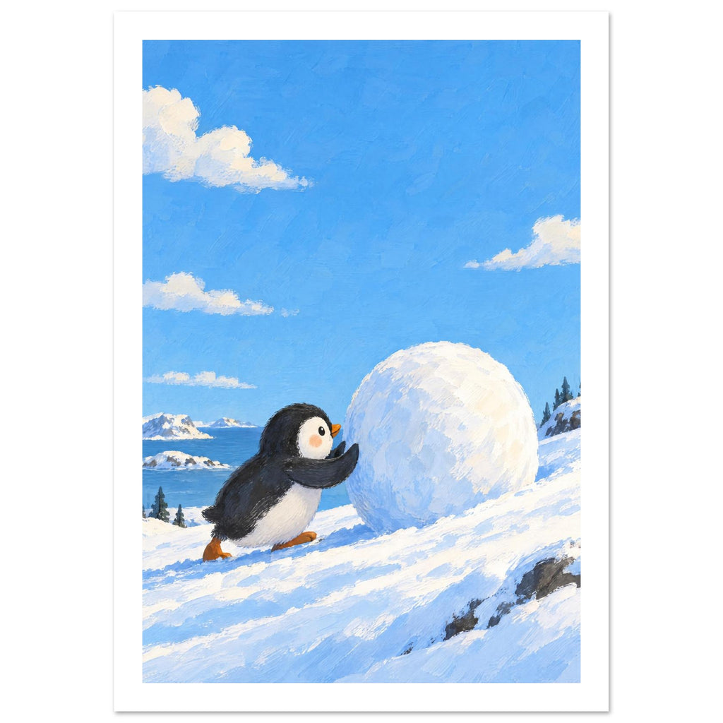 Penguin pushing a giant snowball up a snowy slope, with blue water, distant mountains and white clouds behind.
