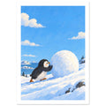 Penguin pushing a giant snowball up a snowy slope, with blue water, distant mountains and white clouds behind.