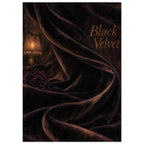 Black velvet folds with brown highlights, a dark burgundy rose, glowing lamp and copper-toned ‘Black Velvet’ lettering.