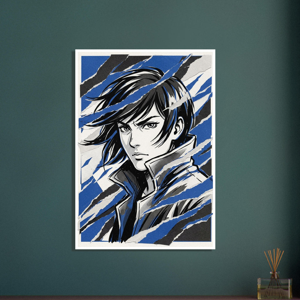 Manga-style portrait with windswept dark hair and a high collar, crossed by blue, black and off-white torn-paper bands.
