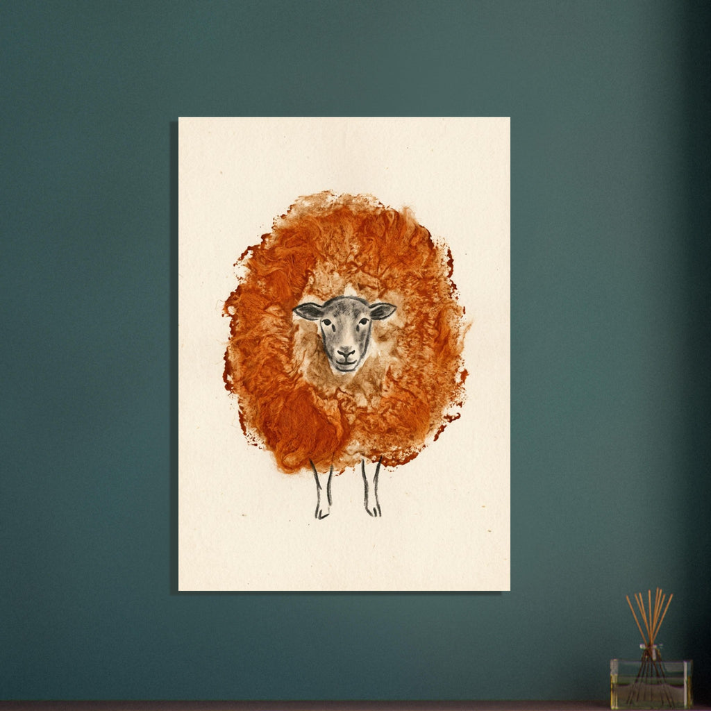 Sheep with oversized rust orange fleece, a grey face and thin sketched legs on a textured cream background.