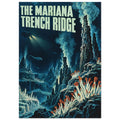 Mariana Trench lettering above an illustrated blue seabed with vent plumes, a submersible and orange-tipped tube worms.