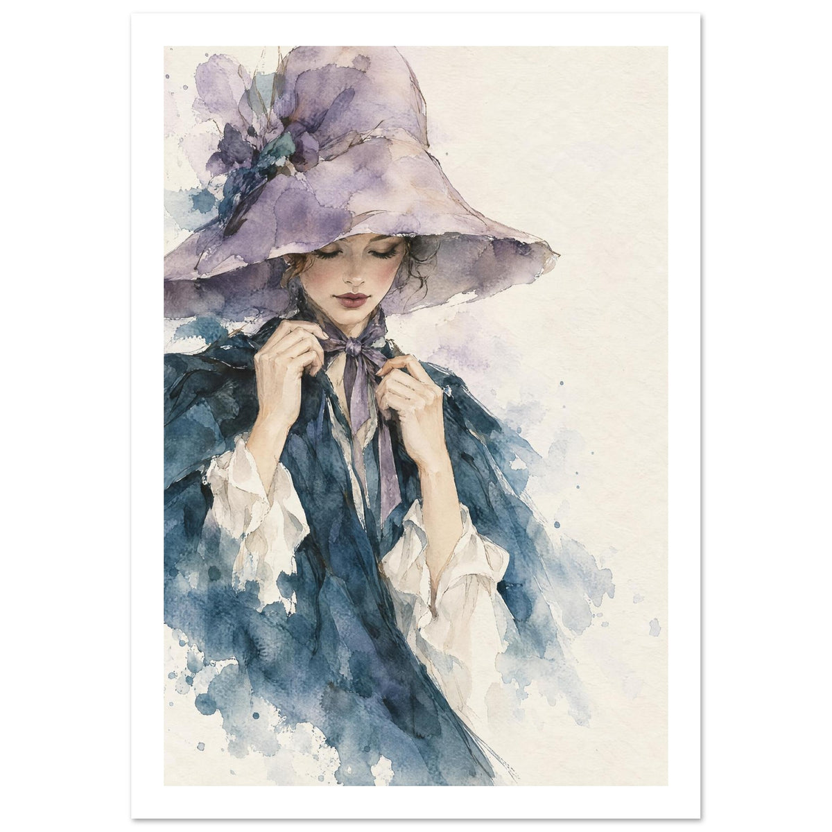 Woman in a wide-brimmed lilac floral hat adjusting a neck ribbon, wearing blue clothing with cream cuffs, in watercolour.