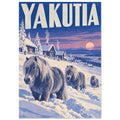 Three shaggy horses in deep snow beside timber houses and frosted trees, beneath Yakutia lettering and a pink sunset.