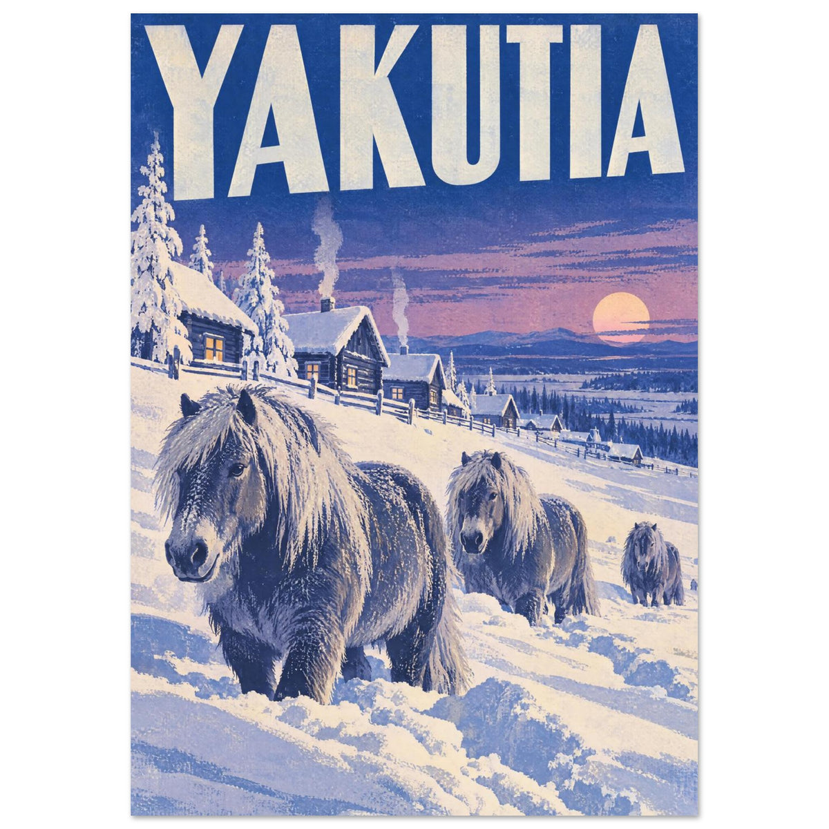 Three shaggy horses in deep snow beside timber houses and frosted trees, beneath Yakutia lettering and a pink sunset.