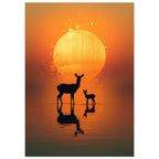 Deer and fawn silhouettes reflected in rippled water beneath a large yellow sun in an orange, textured sky.