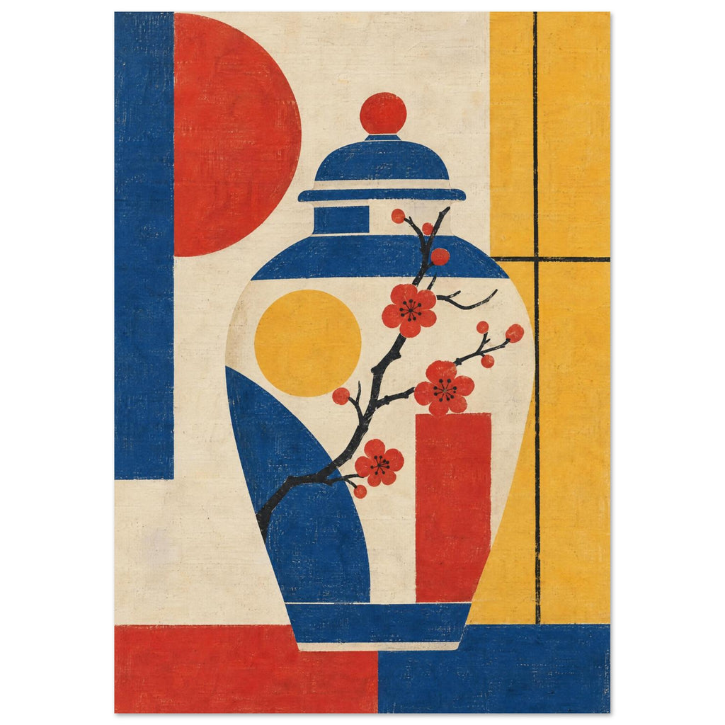 Lidded blue and cream jar with red blossoms against a textured geometric background of red, yellow, blue and cream.