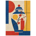 Lidded blue and cream jar with red blossoms against a textured geometric background of red, yellow, blue and cream.