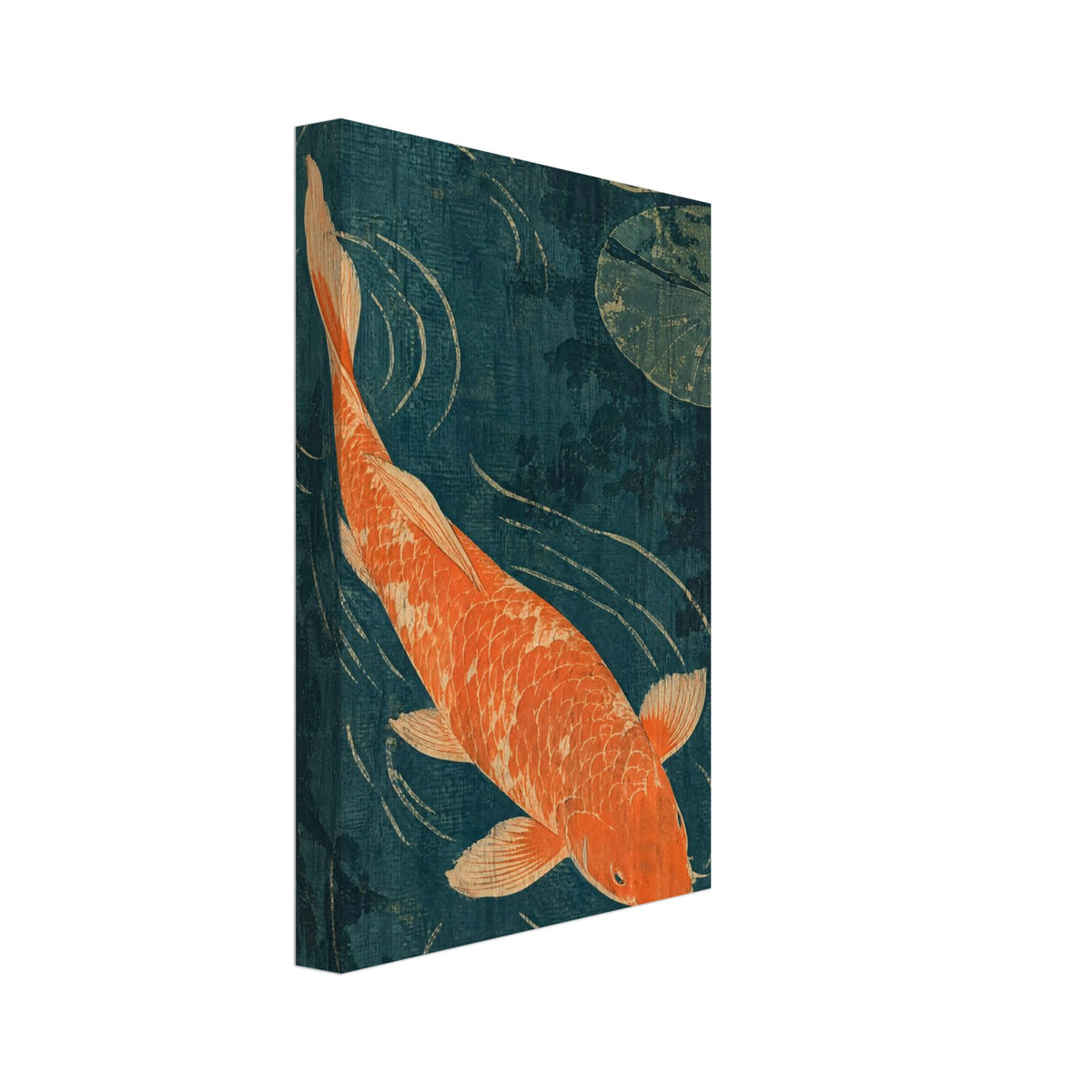 Orange koi fish swimming through dark teal water with cream ripple lines, green lily pads and a distressed texture.