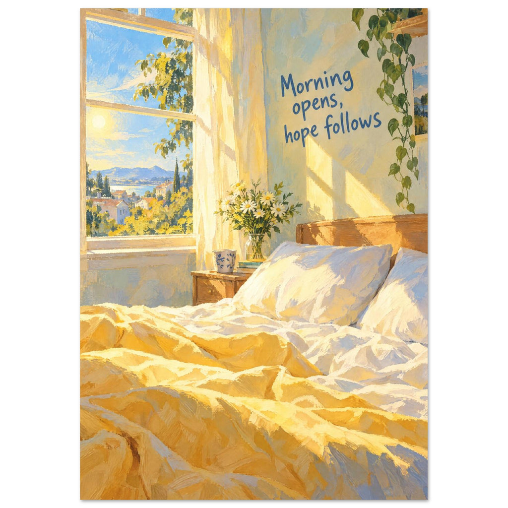 Sunlit bedroom with yellow bedding, daisies and trailing greenery beneath the words ‘Morning opens, hope follows’.