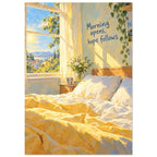 Sunlit bedroom with yellow bedding, daisies and trailing greenery beneath the words ‘Morning opens, hope follows’.