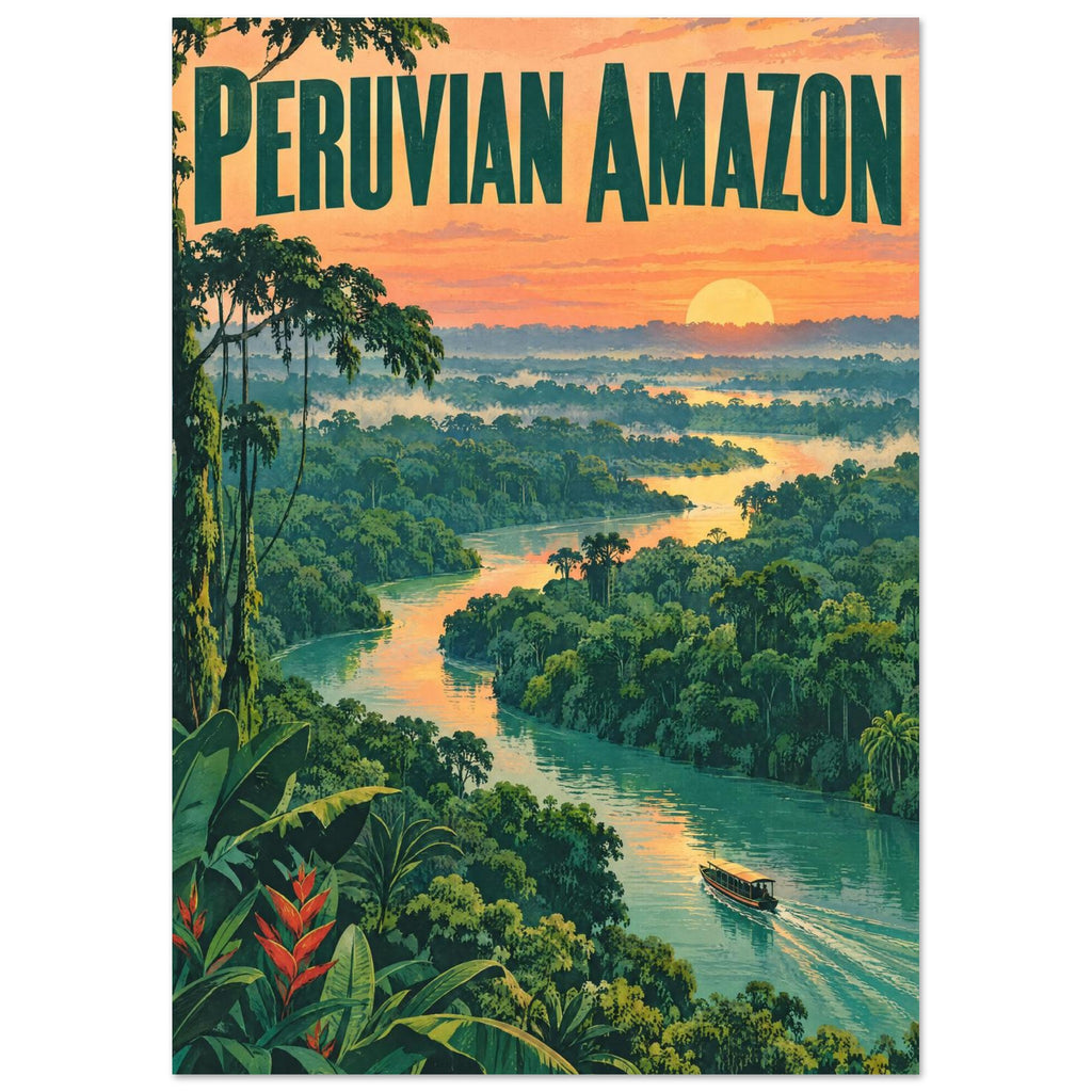 Peruvian Amazon lettering above a winding rainforest river, with a small boat, dense green foliage and a low golden sun.
