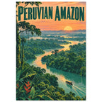 Peruvian Amazon lettering above a winding rainforest river, with a small boat, dense green foliage and a low golden sun.