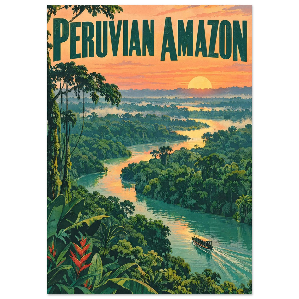 Peruvian Amazon lettering above a winding rainforest river, with a small boat, dense green foliage and a low golden sun.