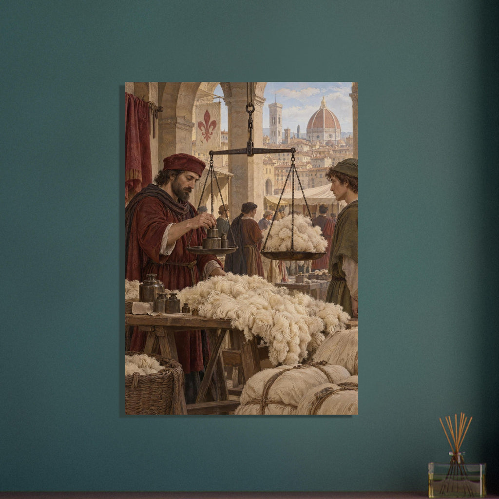 Wool merchant adjusting hanging scales beneath stone arches, with cream fleece and Florence's cathedral in the distance.