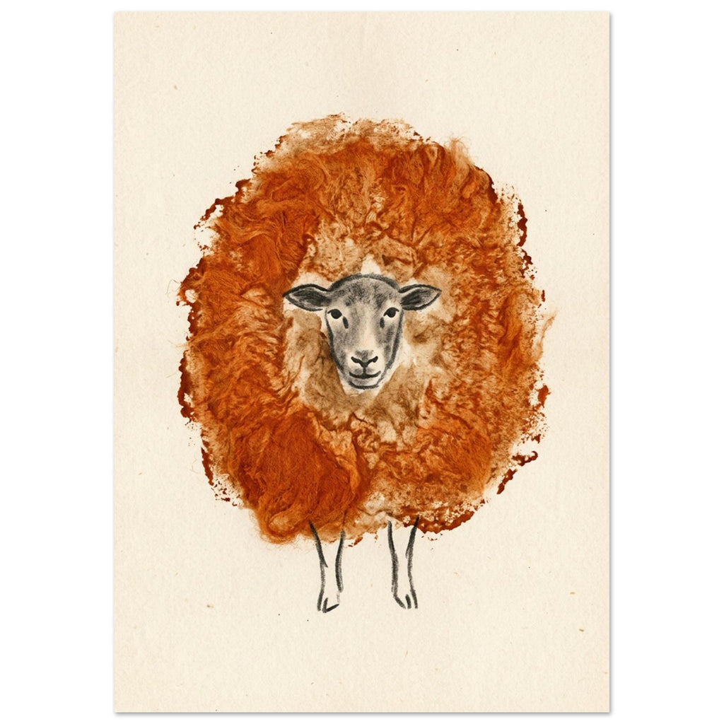 Sheep with oversized rust orange fleece, a grey face and thin sketched legs on a textured cream background.