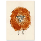 Sheep with oversized rust orange fleece, a grey face and thin sketched legs on a textured cream background.
