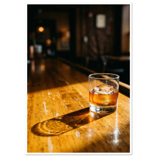Tumbler of amber drink with ice on a sunlit wooden bar, casting a long shadow against a dark, blurred interior.