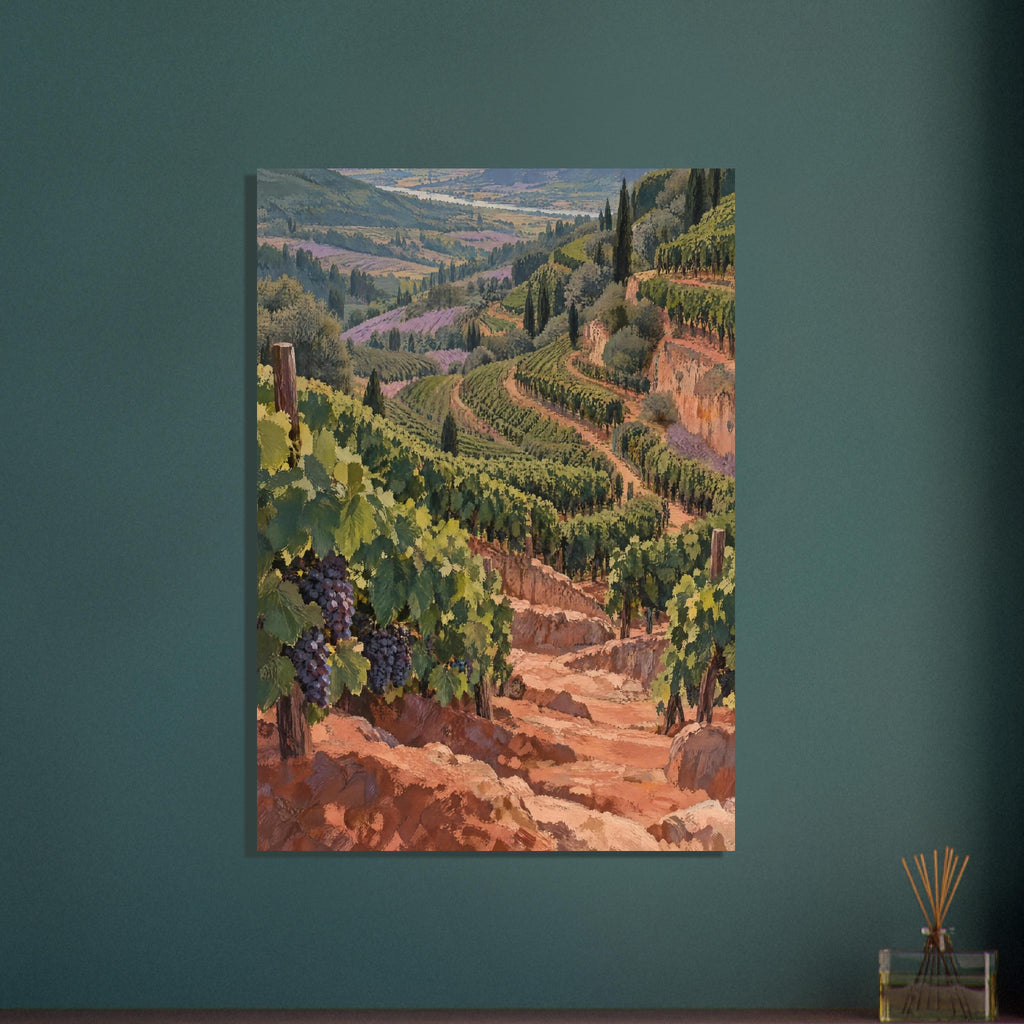 Terraced vineyard with purple grapes, green vines, winding terracotta paths and tall dark trees across rolling hills.